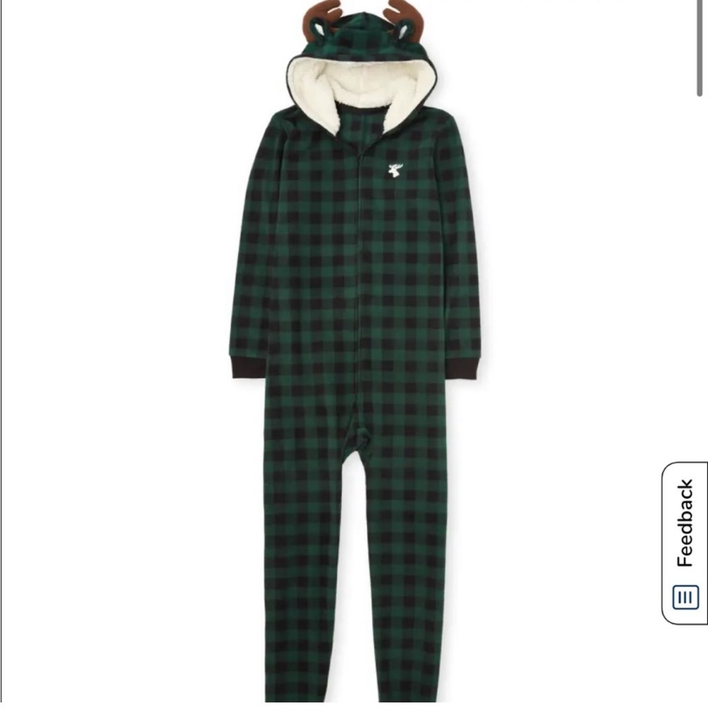Children’s Place green black Buffalo check moose one piece pJ adult unisex XS